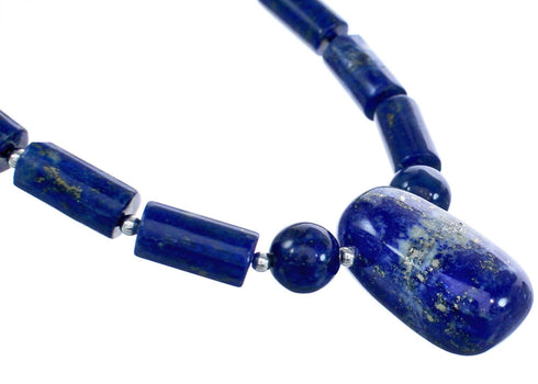 Genuine Sterling Silver Lapis Bead Necklace And Pendant KX120902